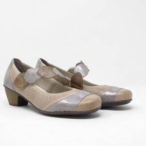 Rieker Women Mirjam 53 Mary Jane Beige Silver Leather Block Heel Pumps Size 38/7